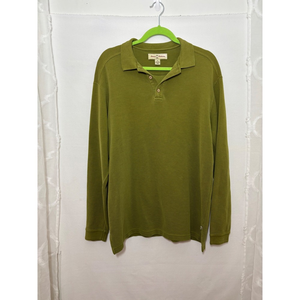 Tommy Bahama Mens Silk Cotton Ribbed Long Sleeve Polo Shirt Olive Green Medium